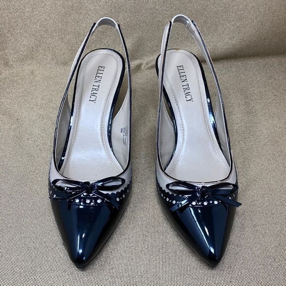 Ellen Tracy Bindy Black & Cream Leather Slingback Heels - Picture 2 of 10